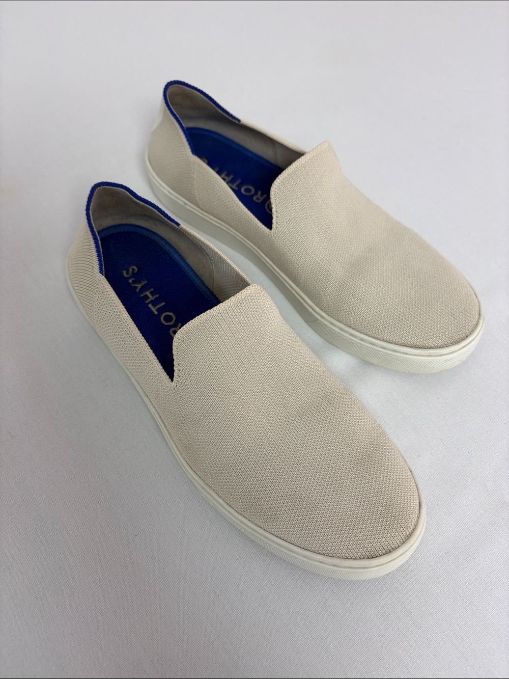 Rothy’s The Original Slip On Sneaker Tan Beige Blue Women’s Size 8